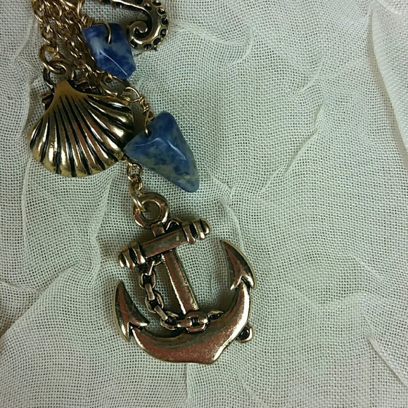 Pierced Earrings dangle Sea horse shell anchor blue lapis chip gold NEW - Picture 5 of 5
